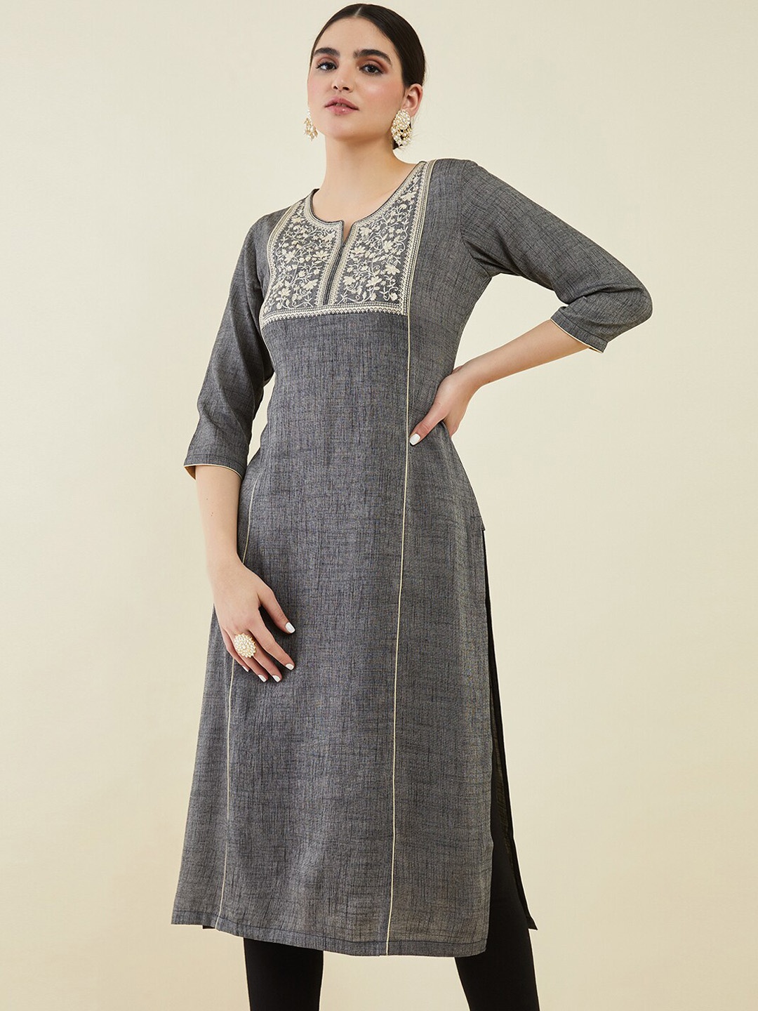 

Soch Women Floral Yoke Design Thread Work Kurta, Grey
