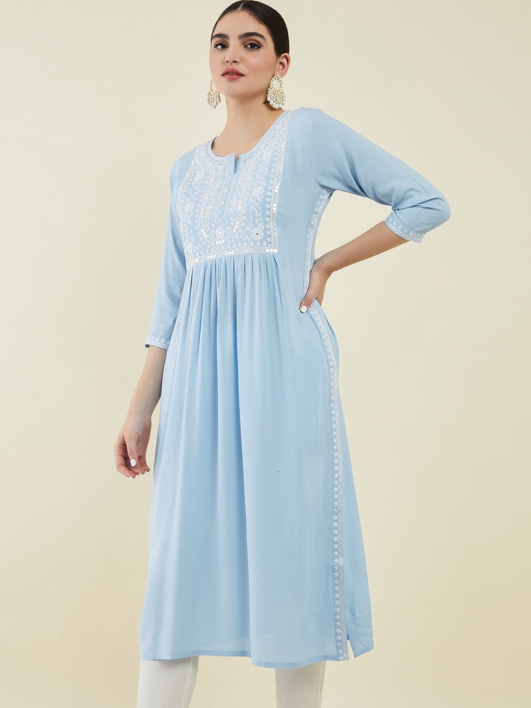 

Soch Women Floral Yoke Design A-Line Kurta, Blue