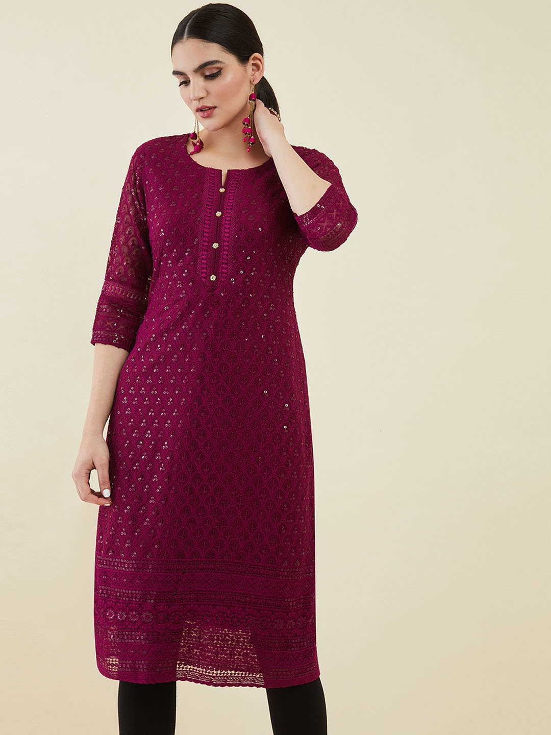 

Soch Women Floral Embroidered Georgette Kurta, Fuchsia