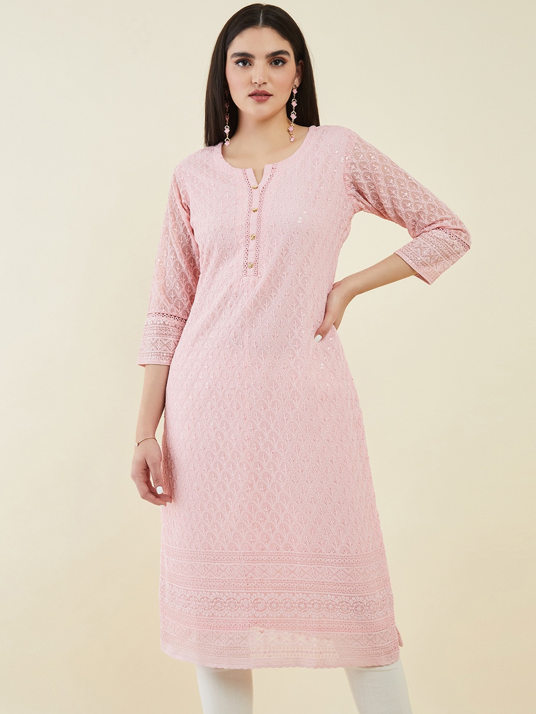 

Soch Women Notch Neck Embroidered Georgette Kurta, Peach