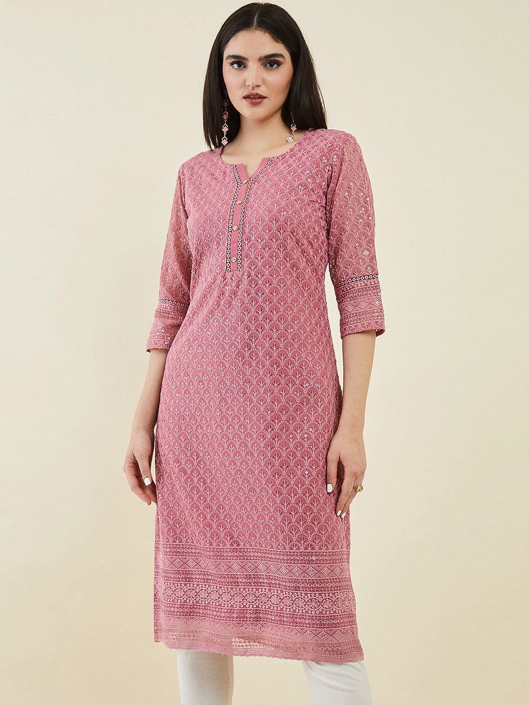 

Soch Women Notch Neck Embroidered Georgette Kurta, Pink