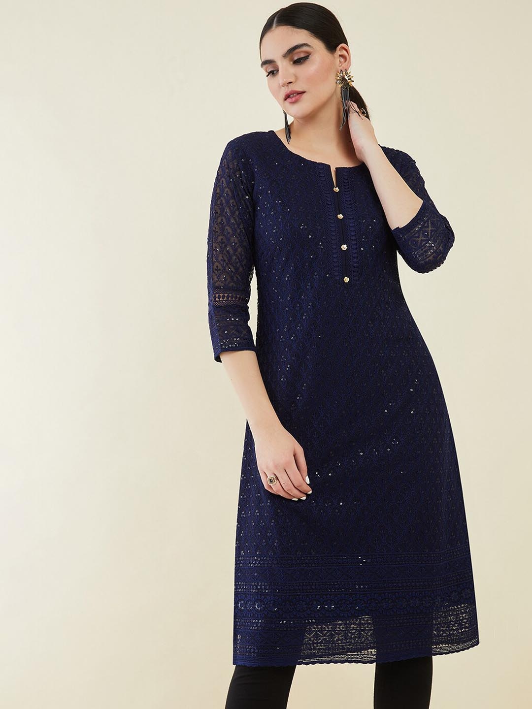 

Soch Women Notch Neck Embroidered Georgette Kurta, Navy blue