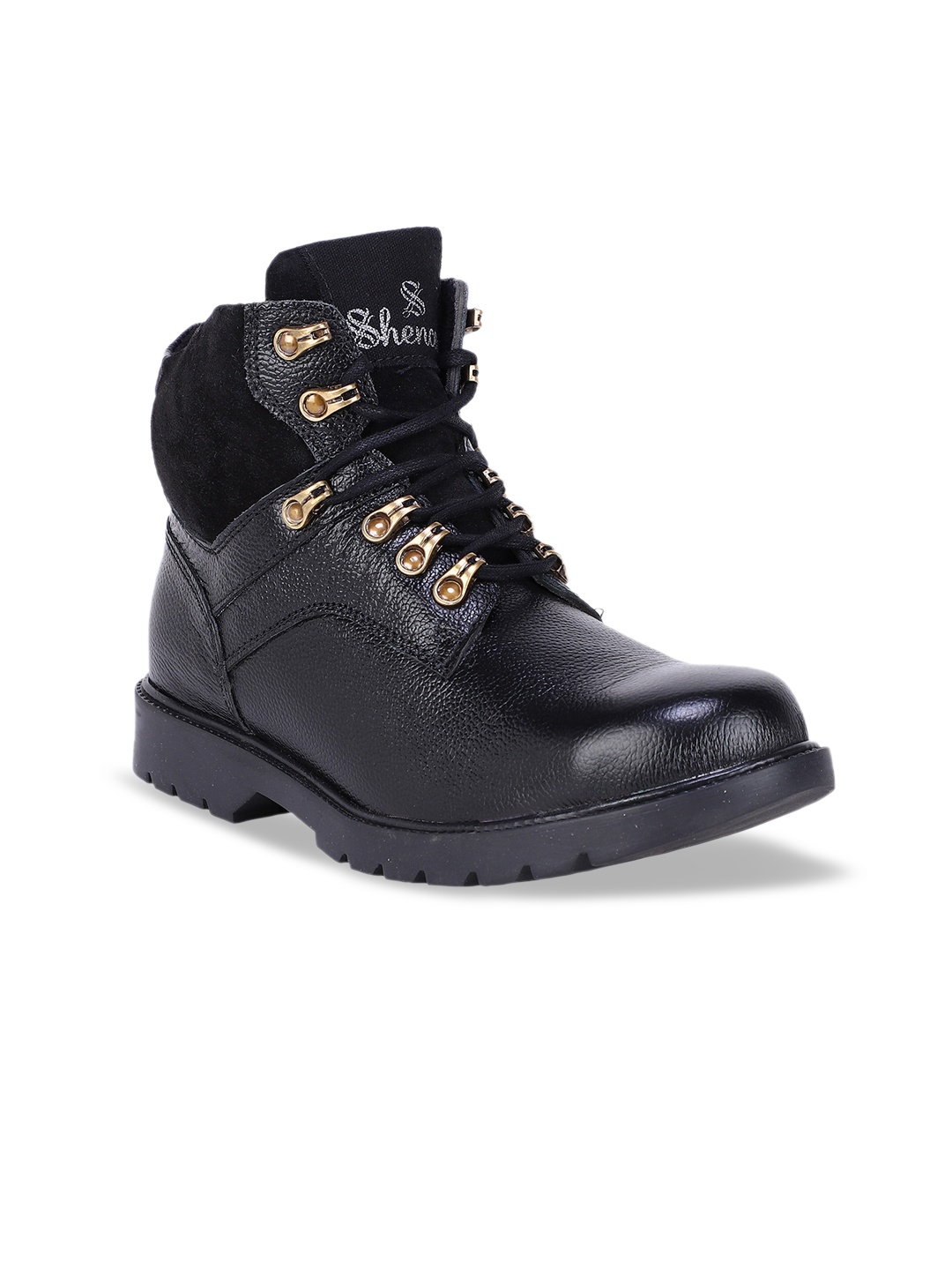 

SHENCES Men Leather High-Top Biker Boots, Black