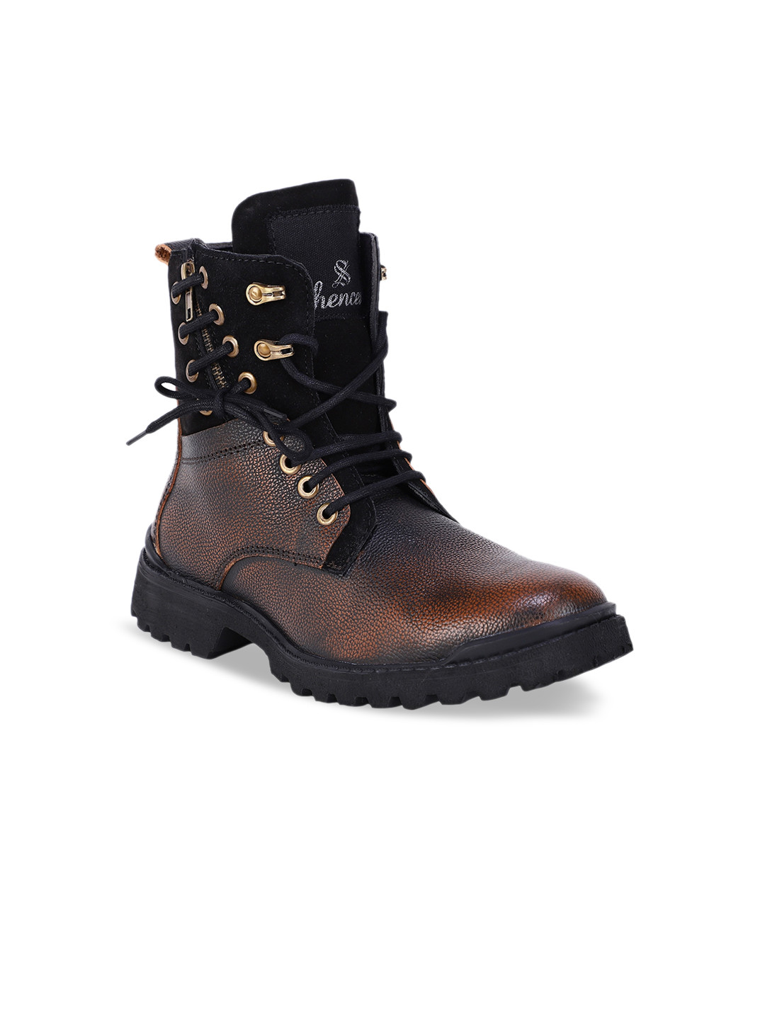 

SHENCES Men Leather High-Top Biker Boots, Brown