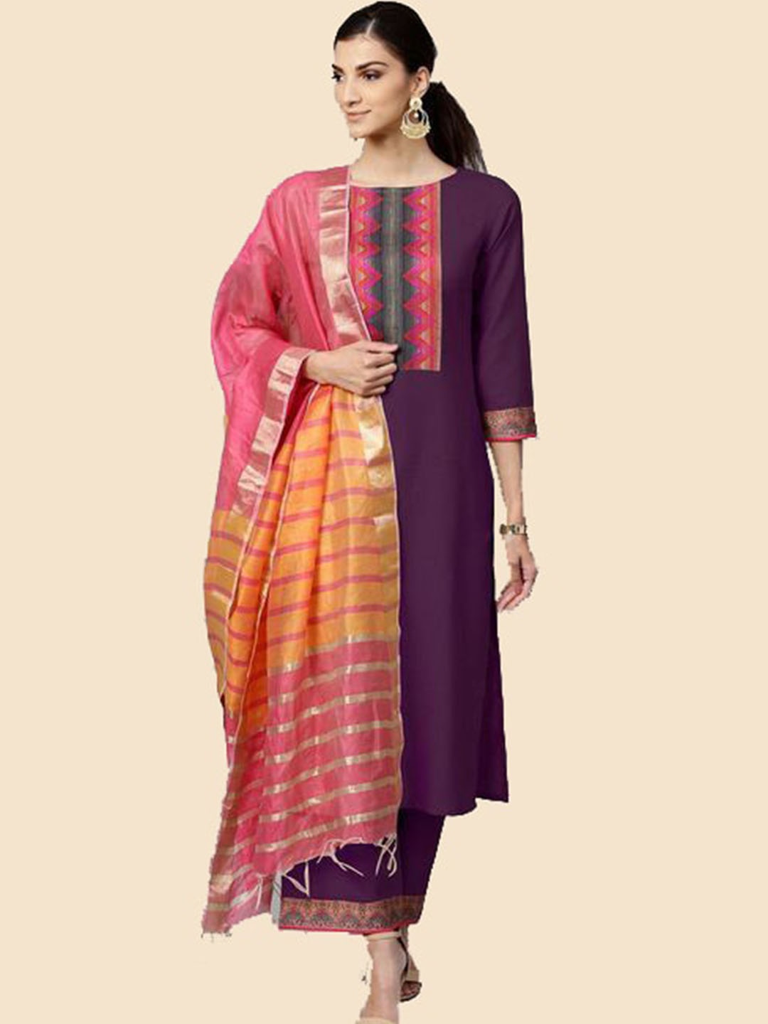 

KALINI Women Boat Neck Cotton Kurta & Palazzos With Dupatta, Purple