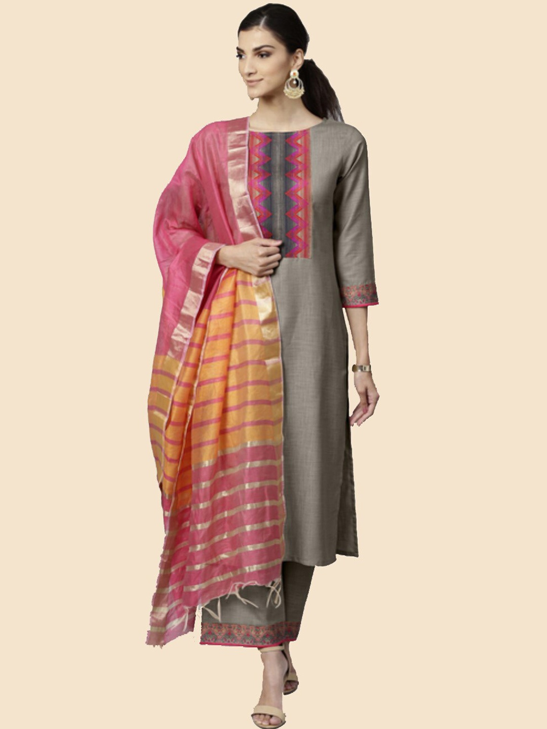 

KALINI Women Boat Neck Cotton Kurta & Palazzos With Dupatta, Grey