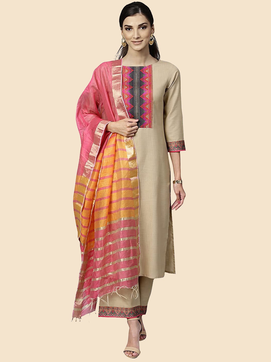 

KALINI Yoke Design Pure Cotton Kurta with Palazzos & With Dupatta, Beige