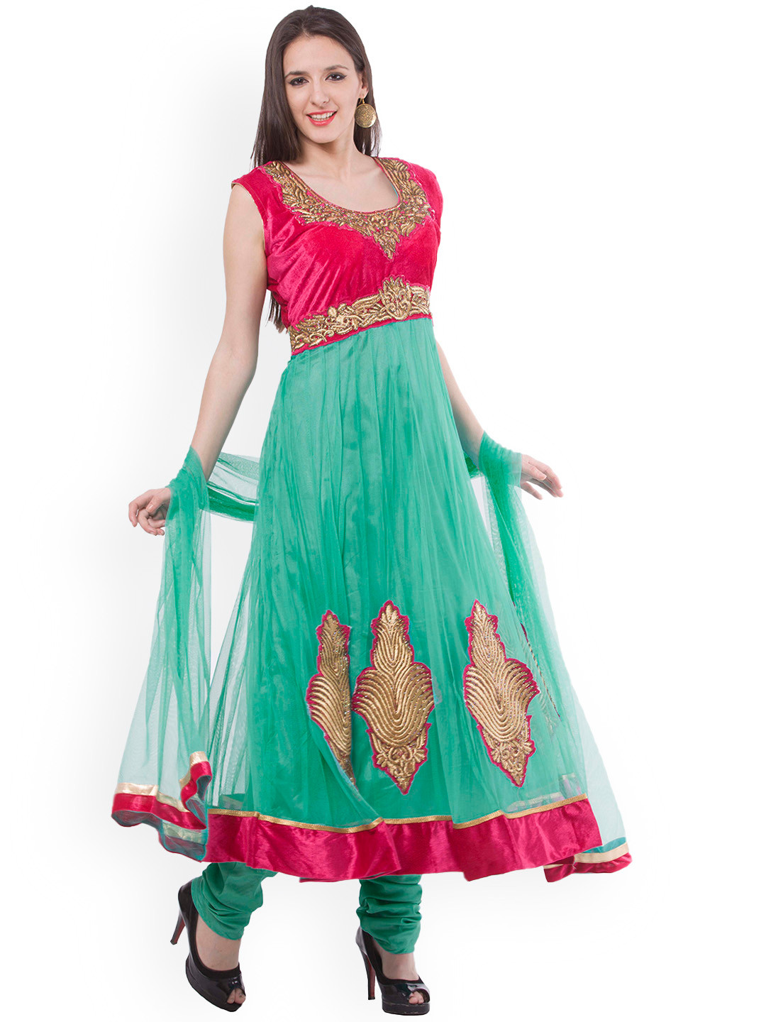 

Fasense Women Embroidered Scoop Neck Floor Length Patchwork Kurta with Churidar & Dupatta, Sea green