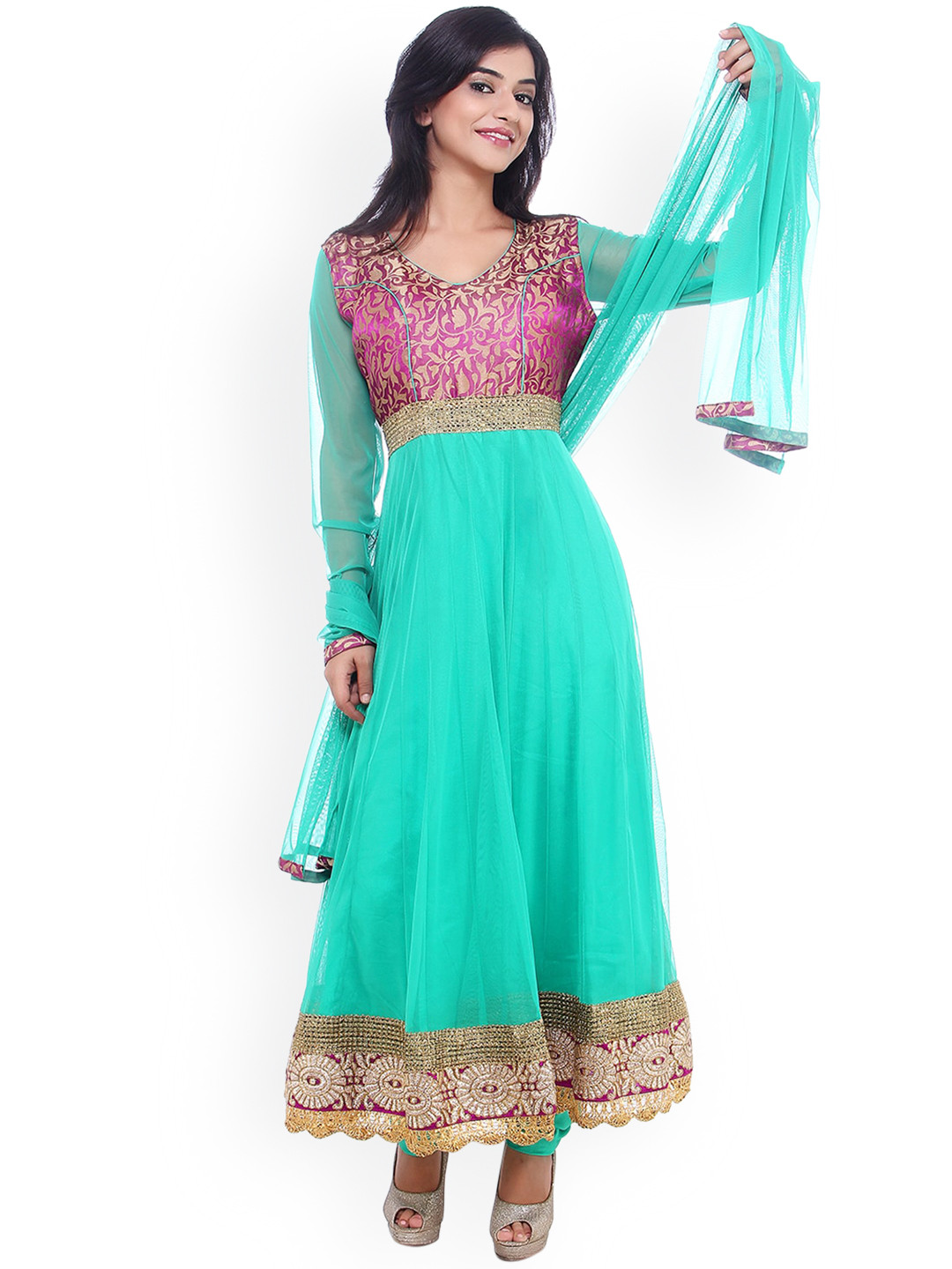 

Fasense Women Yoke Design V Neck Floor Length Anarkali Kurta with Churidar & Dupatta, Sea green