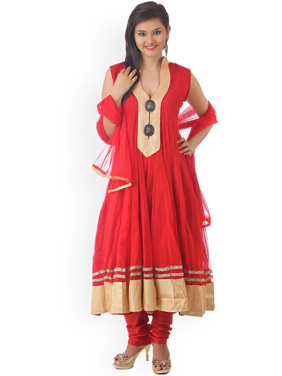

Fasense Panelled Kurta with Churidar & Dupatta, Red