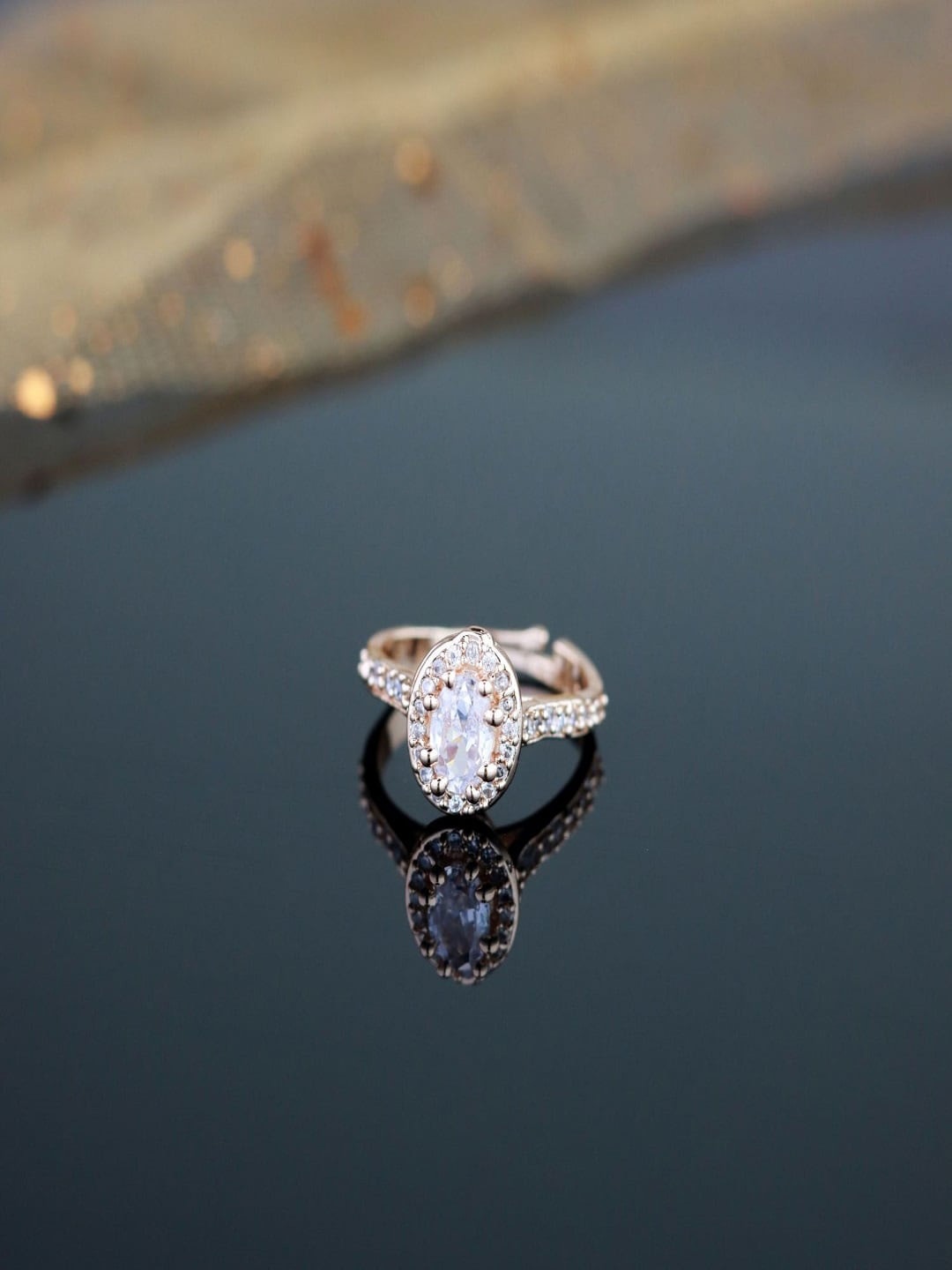 

I Jewels Rose-Gold Plated CZ Studded Adjustable Finger Ring