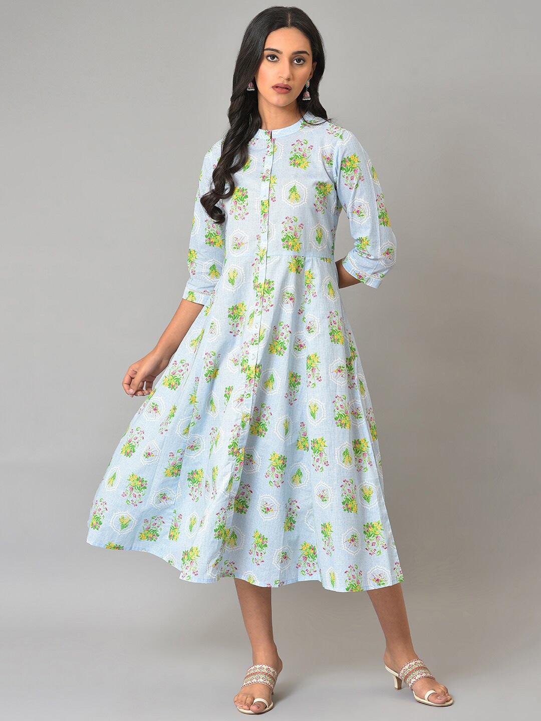 

W Floral Printed Mandarin Collar A-Line Midi Dress, Blue