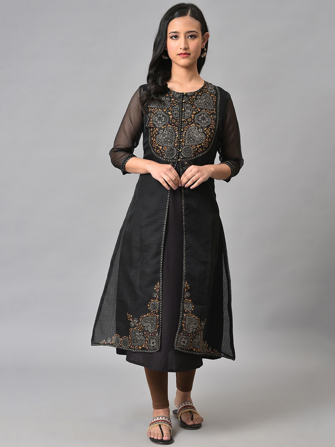 

W Ethnic Motifs Embroidered Layered Kurta, Black