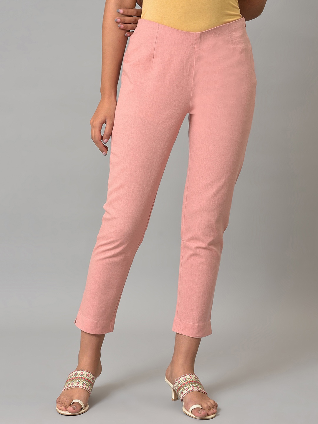 

W Women Cotton Slim Fit Pleated Trousers, Coral