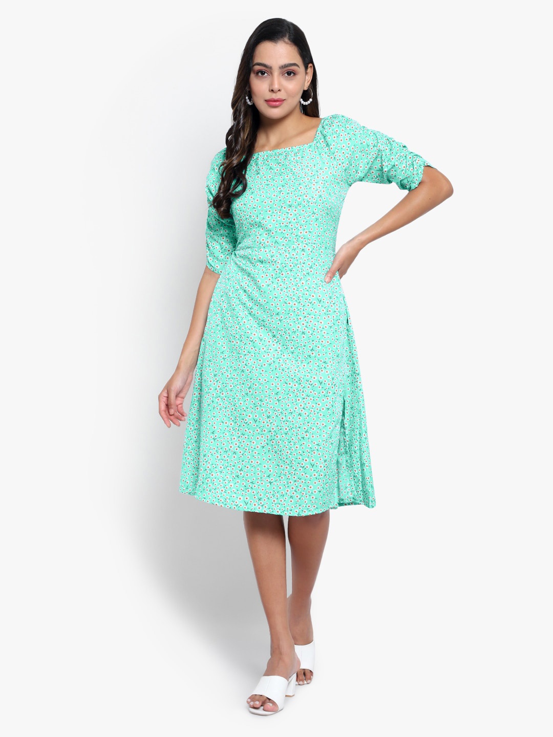 

Indietoga Puff Sleeve Floral Dress, Green