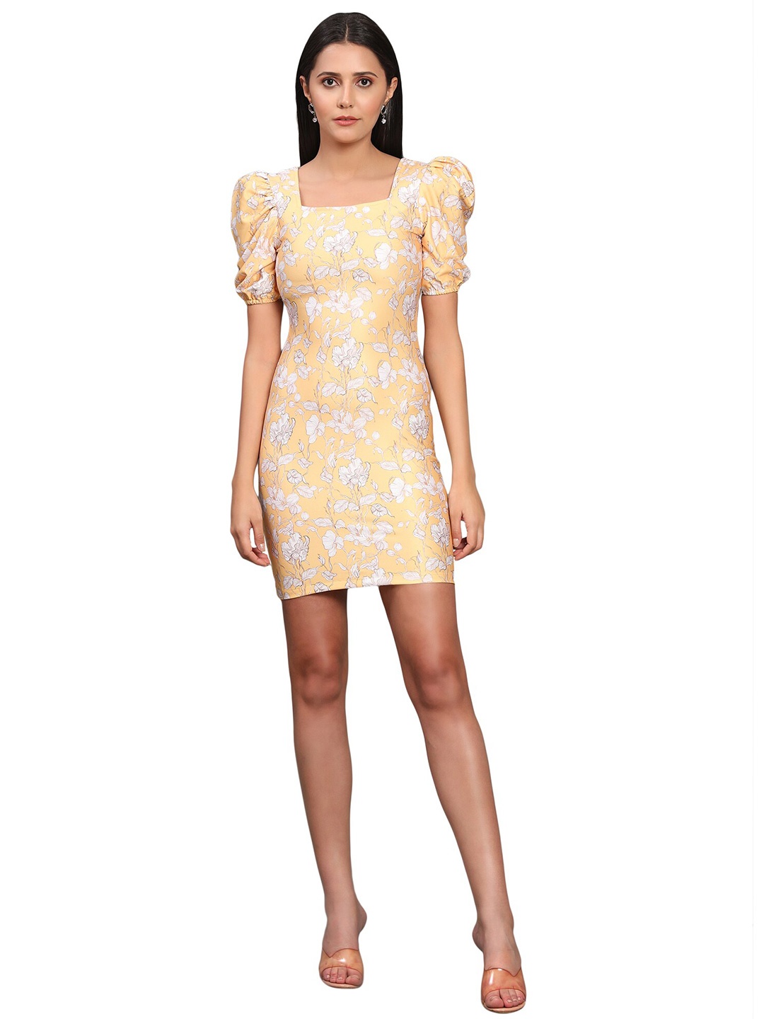 

VAANI CREATION Yellow Floral A-Line Dress