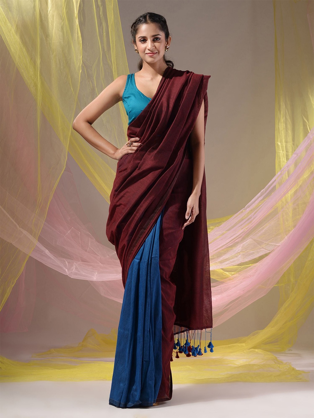 

Charukriti Pure Cotton Half and Half Saree, Maroon