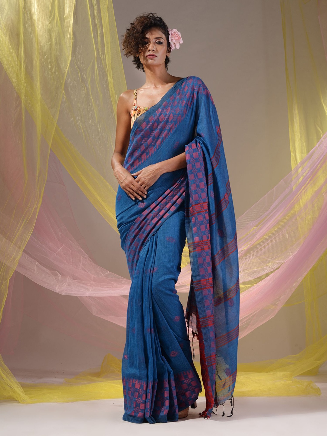 

Charukriti Ethnic Motifs Pure Cotton Saree, Blue