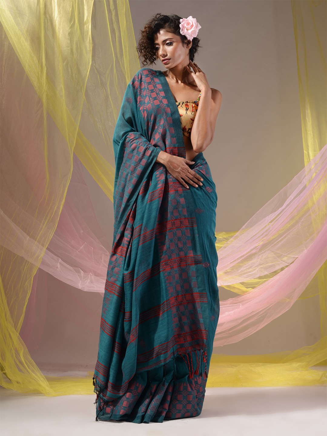 

Charukriti Woven Design Pure Cotton Saree, Teal