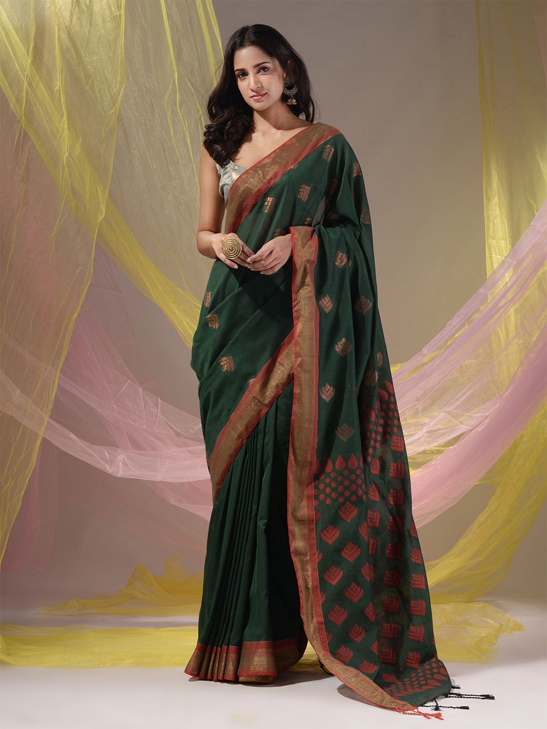 

Charukriti Woven Design Zari Matka Soft Saree, Green