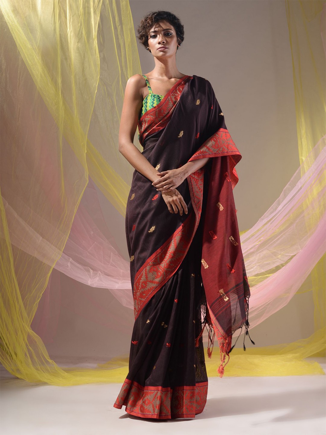 

Charukriti Woven Design Pure Cotton Saree, Brown