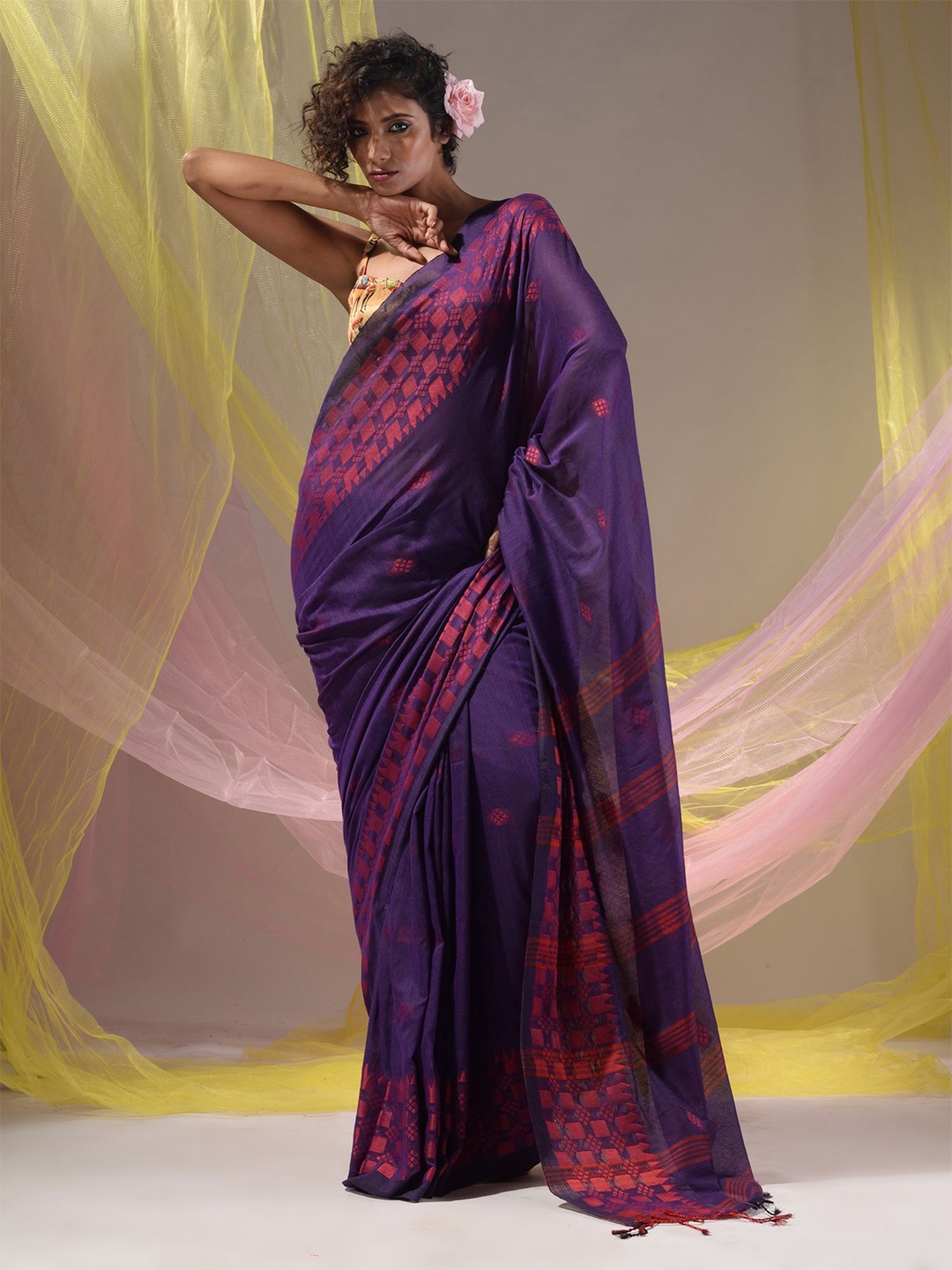 

Charukriti Woven Design Zari Pure Cotton Saree, Purple