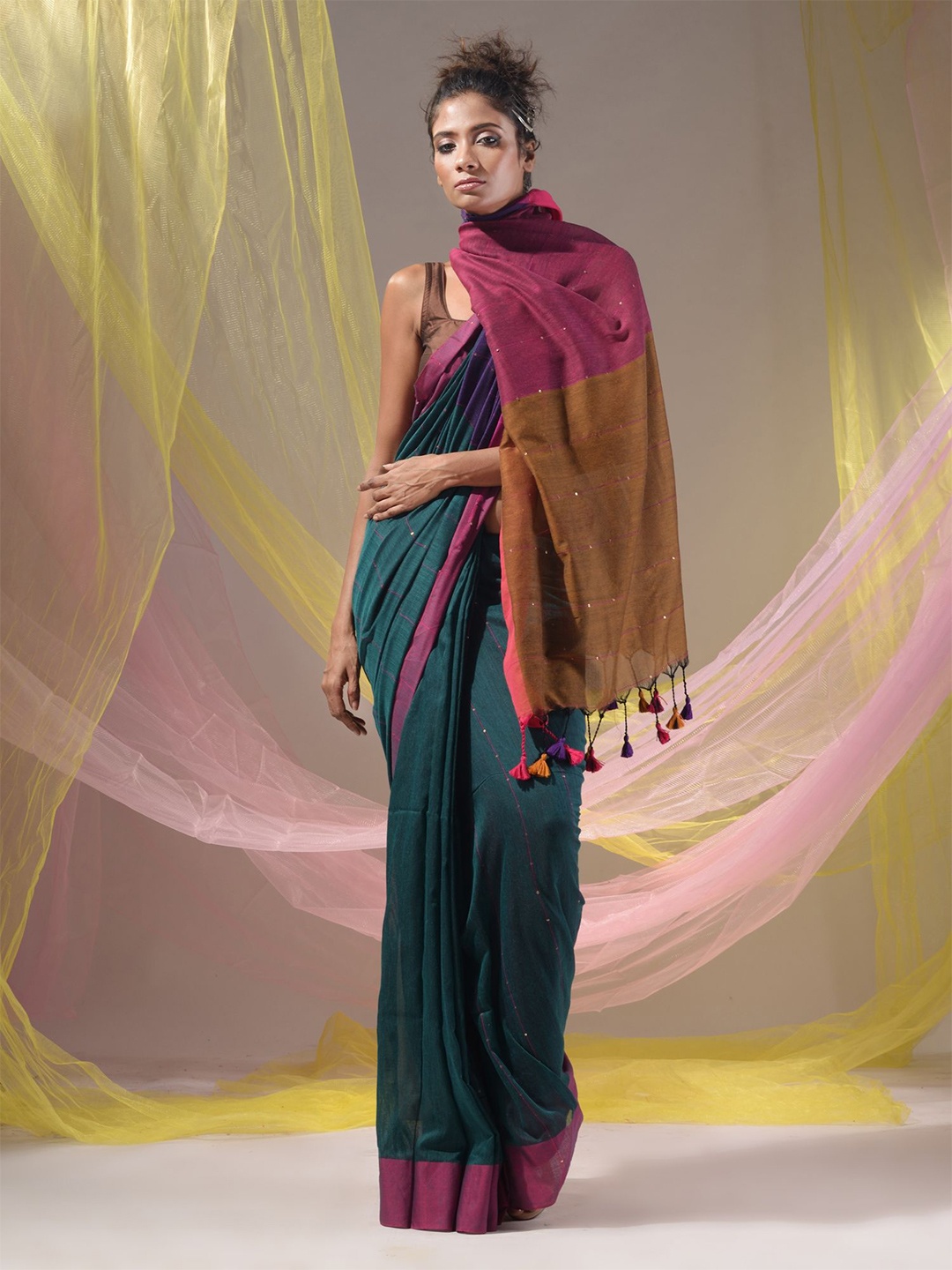 

Charukriti Embellished Sequinned Pure Cotton Saree, Teal