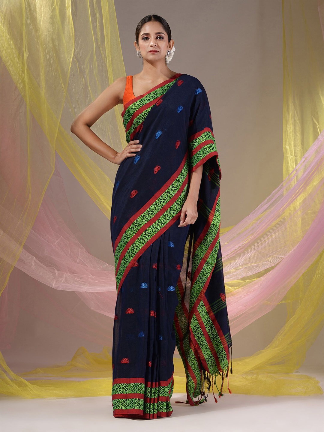 

Charukriti Woven Design Pure Cotton Saree, Navy blue