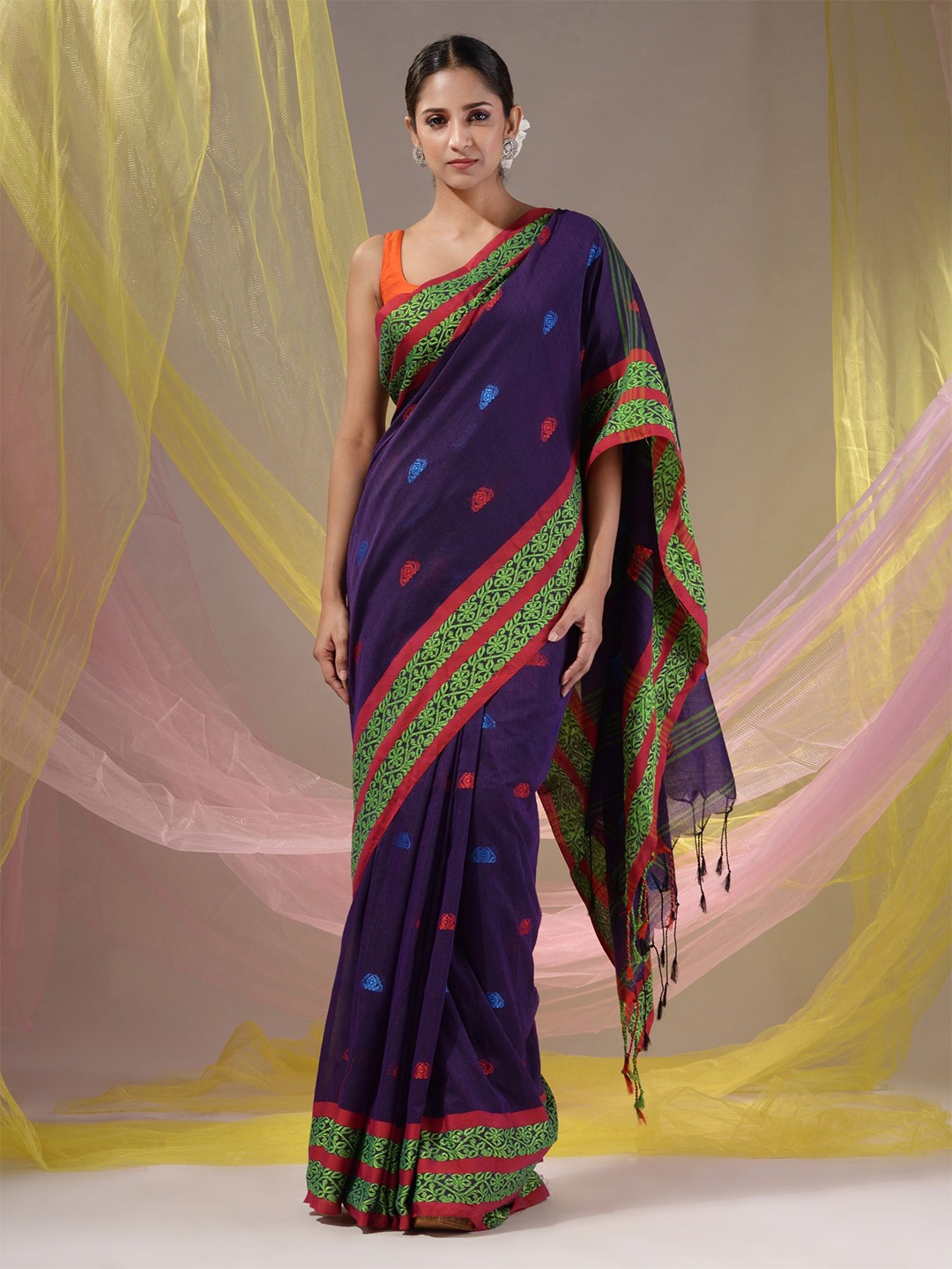

Charukriti Woven Design Pure Cotton Saree, Purple