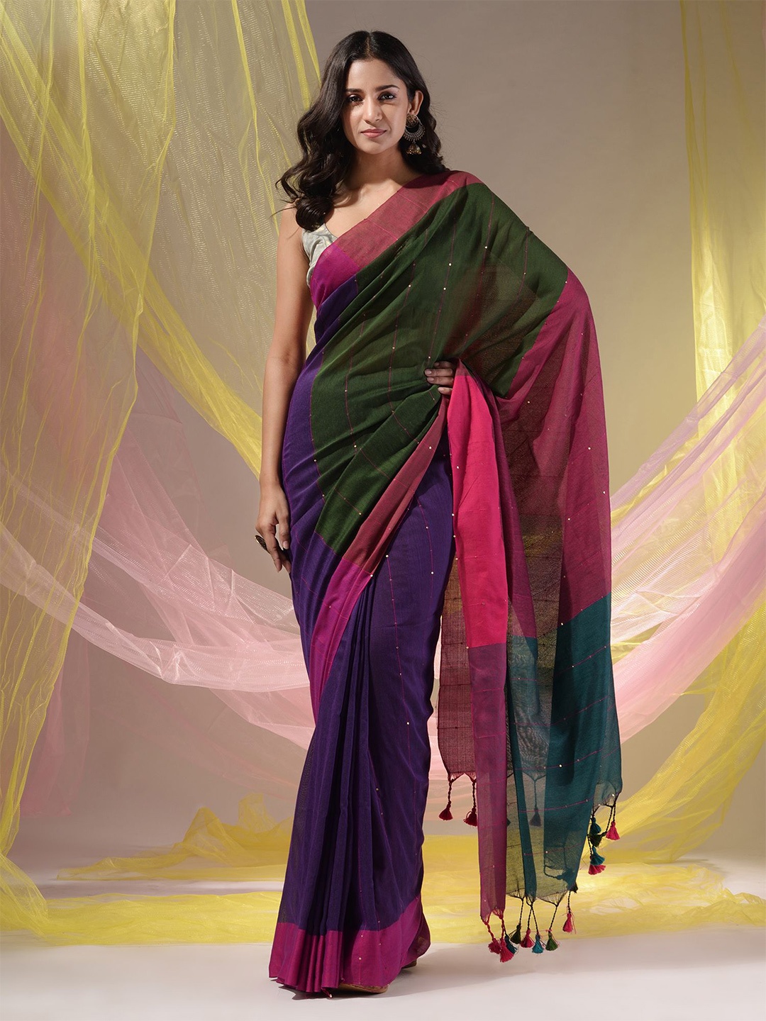 

Charukriti Colourblocked Sequined Pure Cotton Saree, Purple