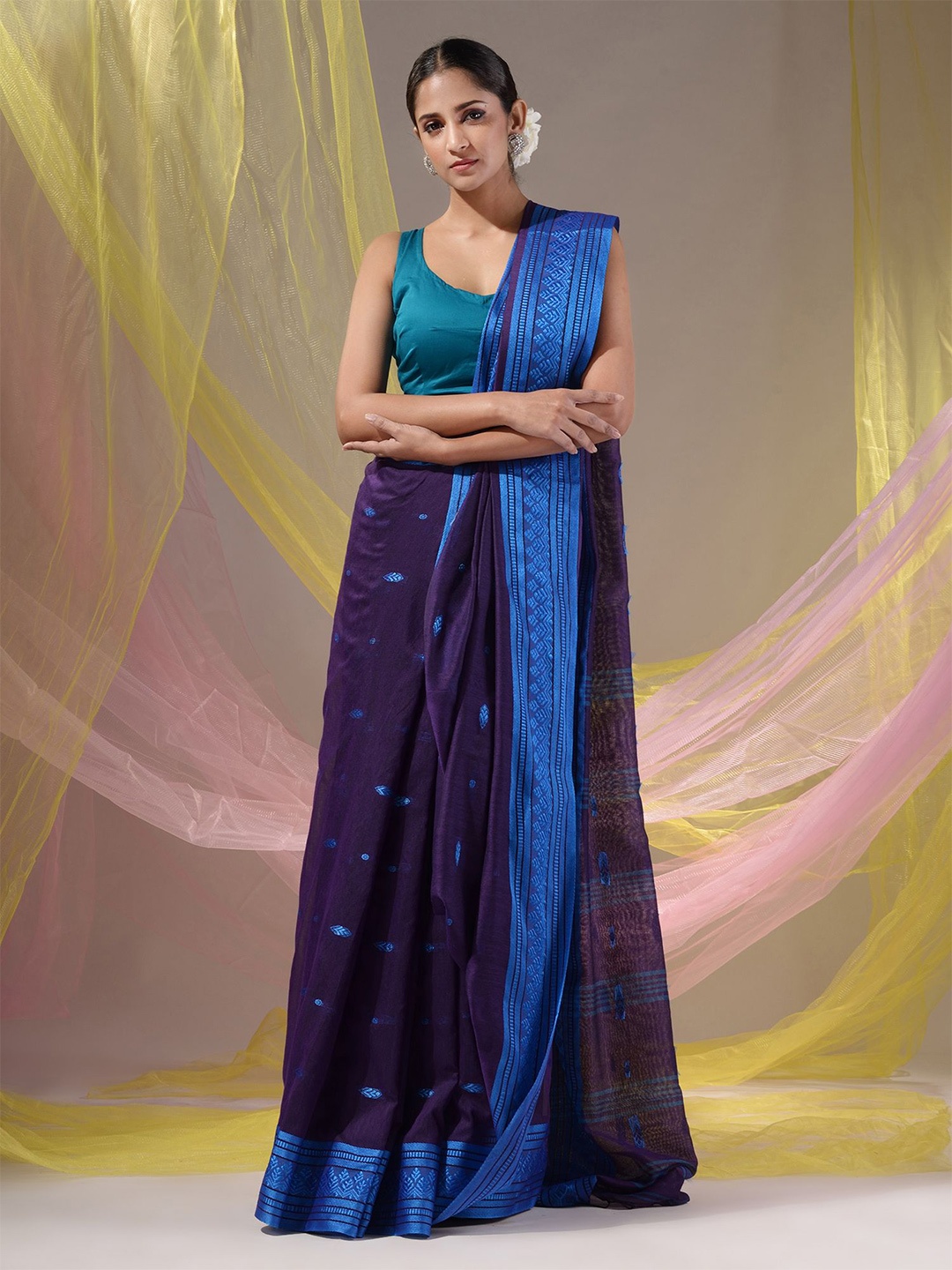 

Charukriti Woven Design Zari Pure Cotton Saree, Purple