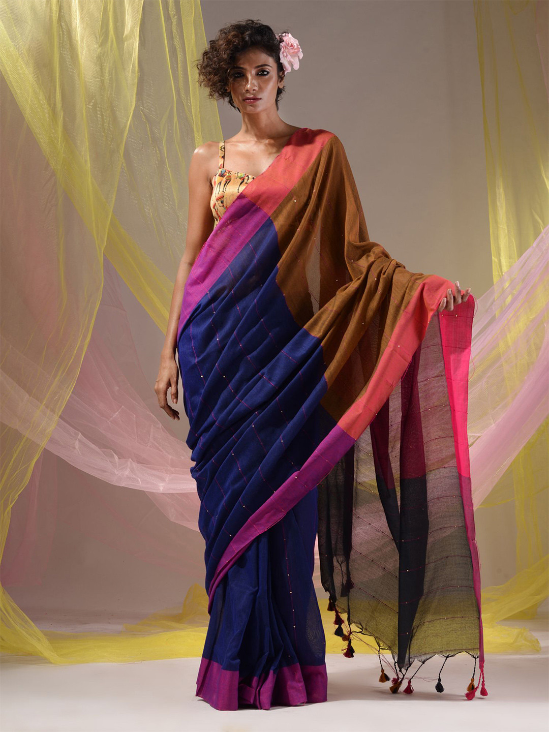 

Charukriti Woven Design Sequinned Pure Cotton Saree, Blue