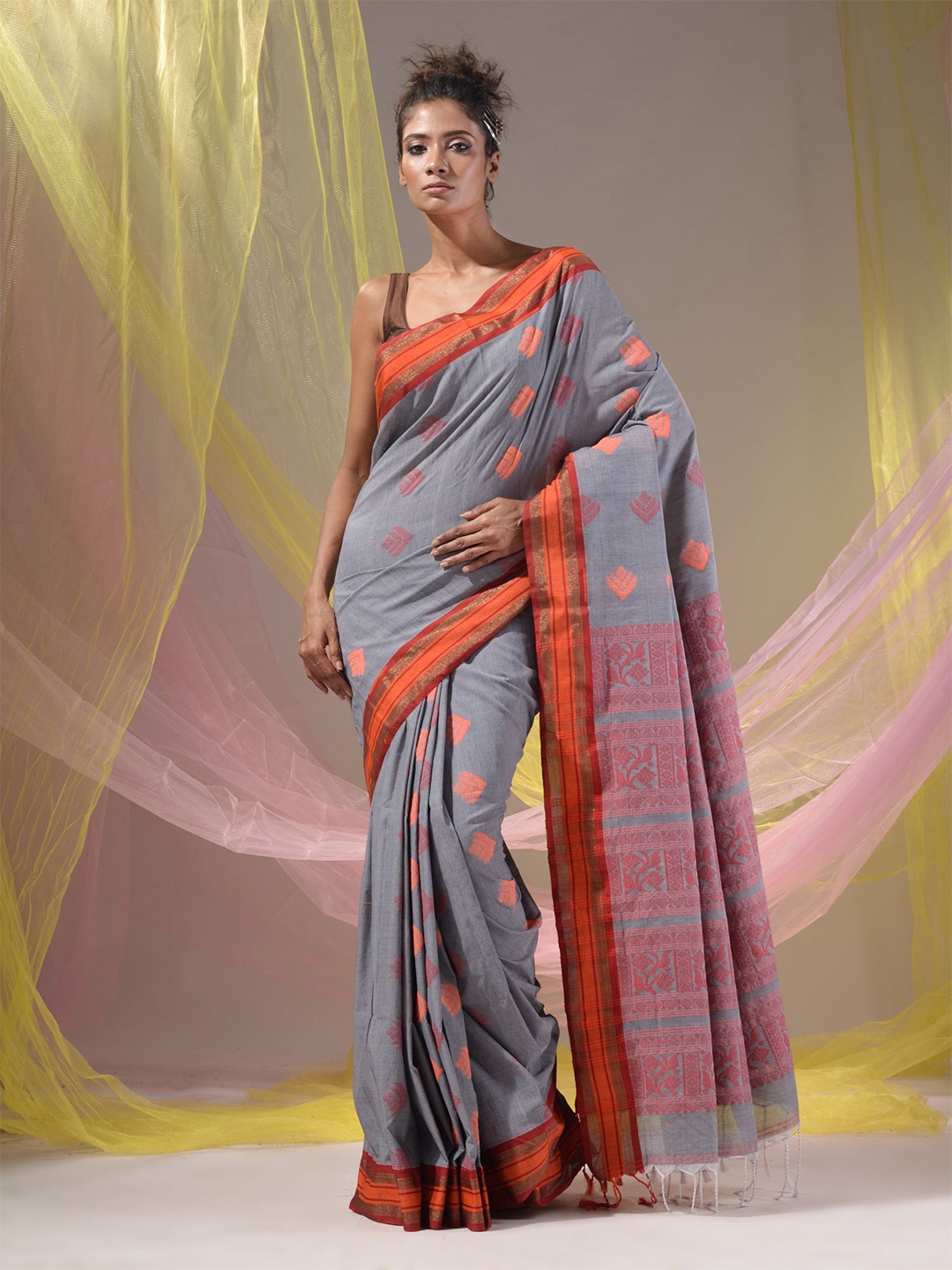 

Charukriti Woven Design Zari Silk Blend Saree, Grey