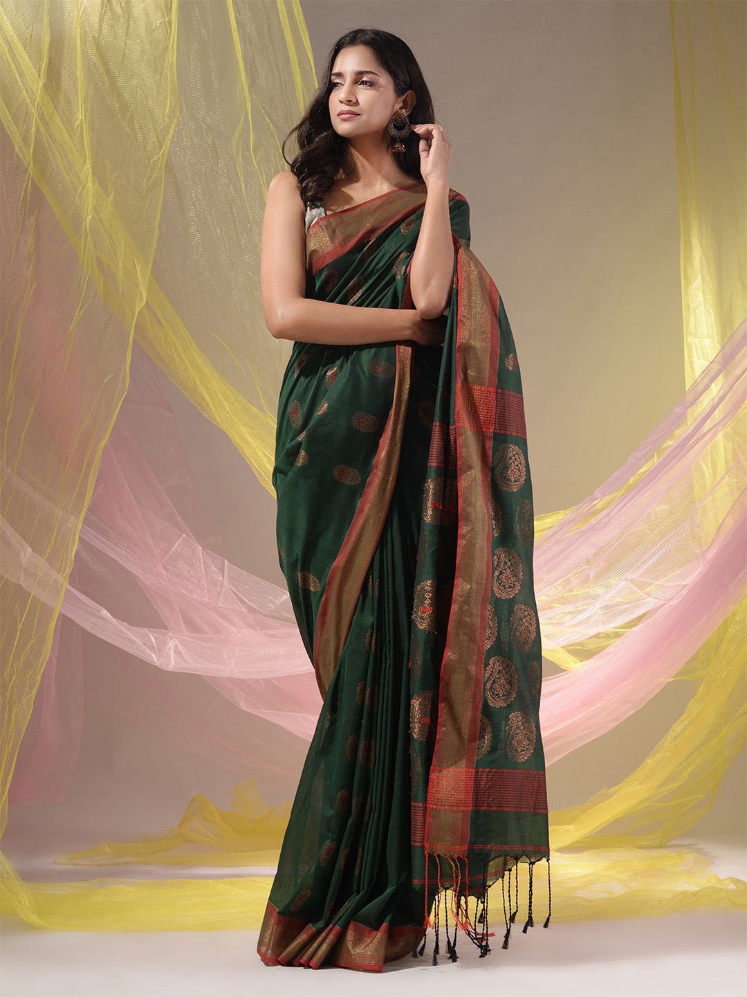 

Charukriti Woven Design Zari Silk Blend Saree, Green