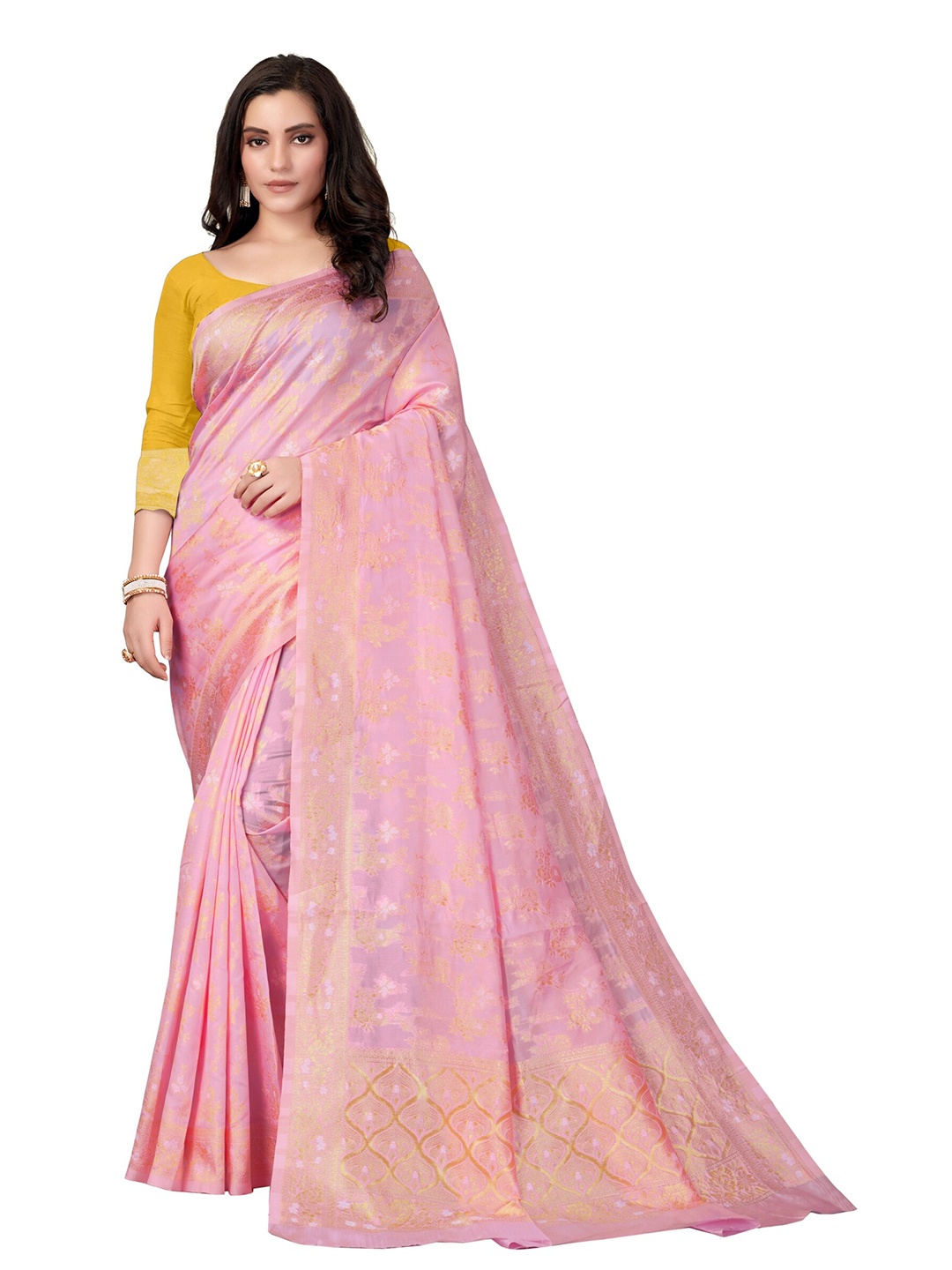 

eshami Ethnic Motifs Zari Saree, Pink