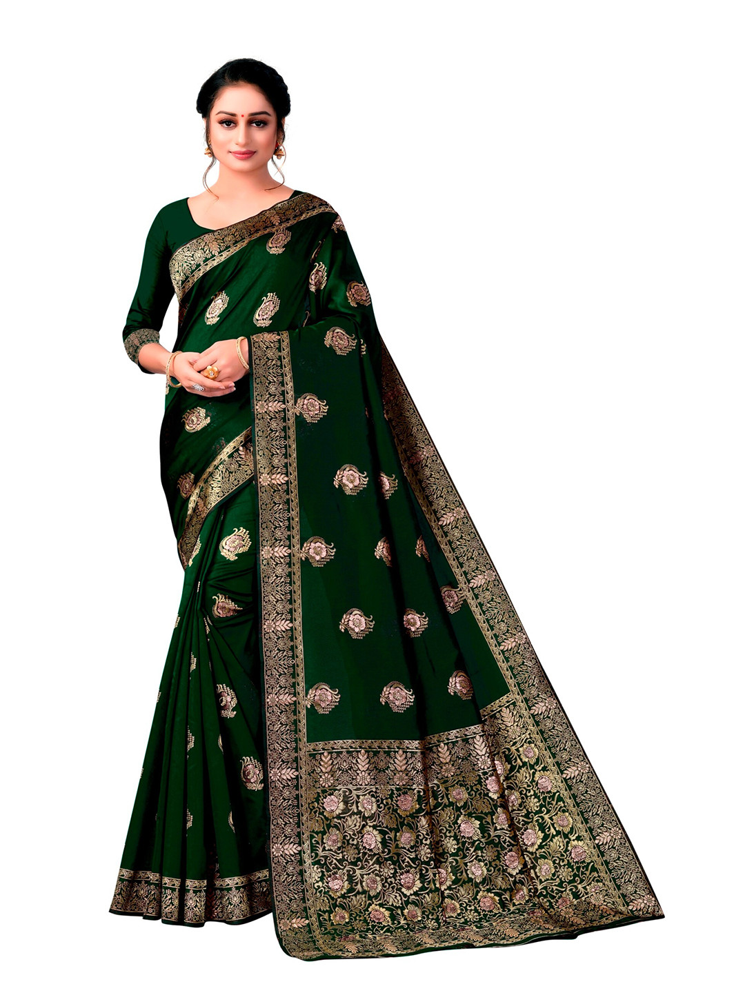 

eshami Ethnic Motifs Zari Saree, Green