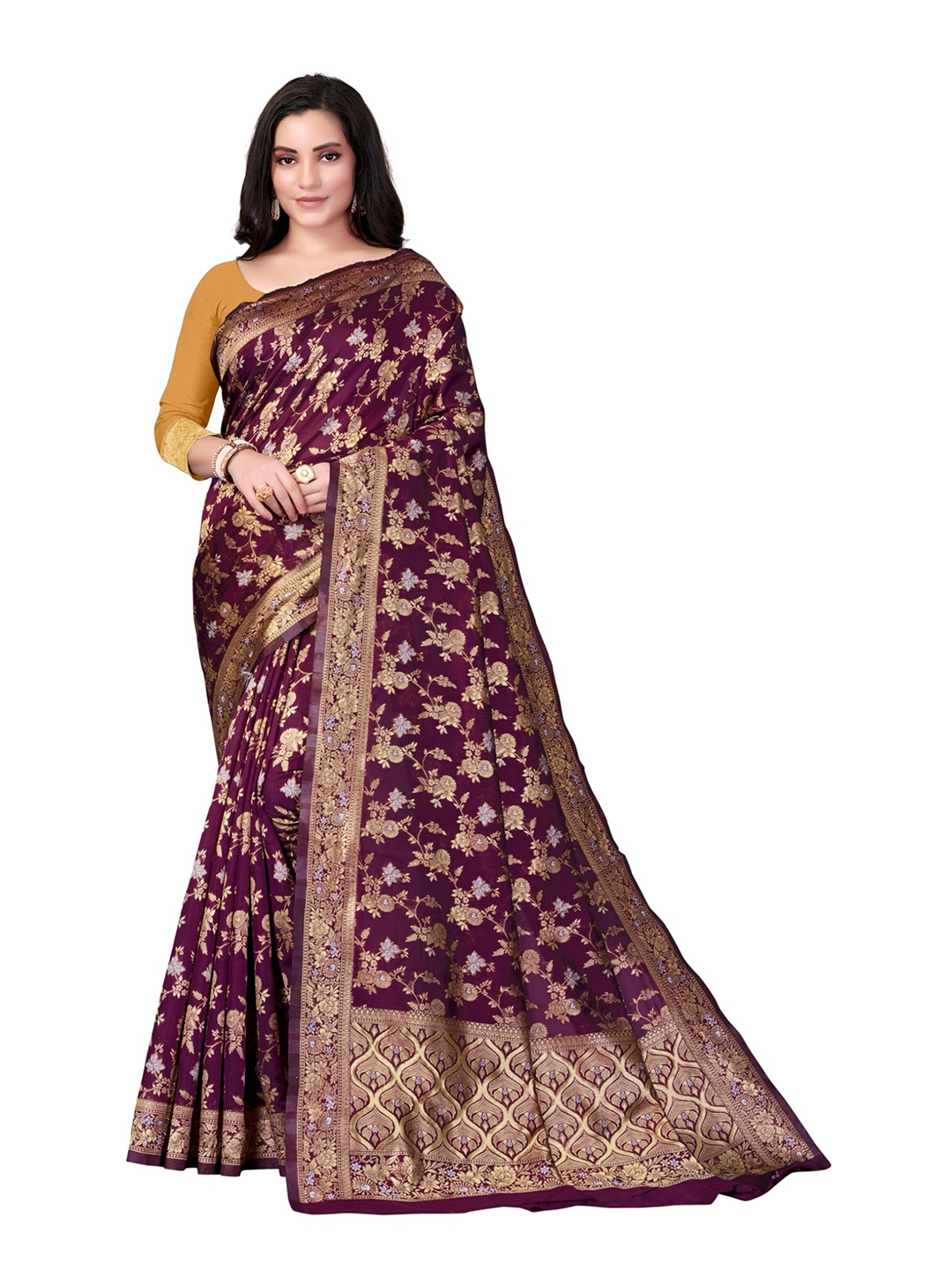 

eshami Floral Zari Saree, Purple