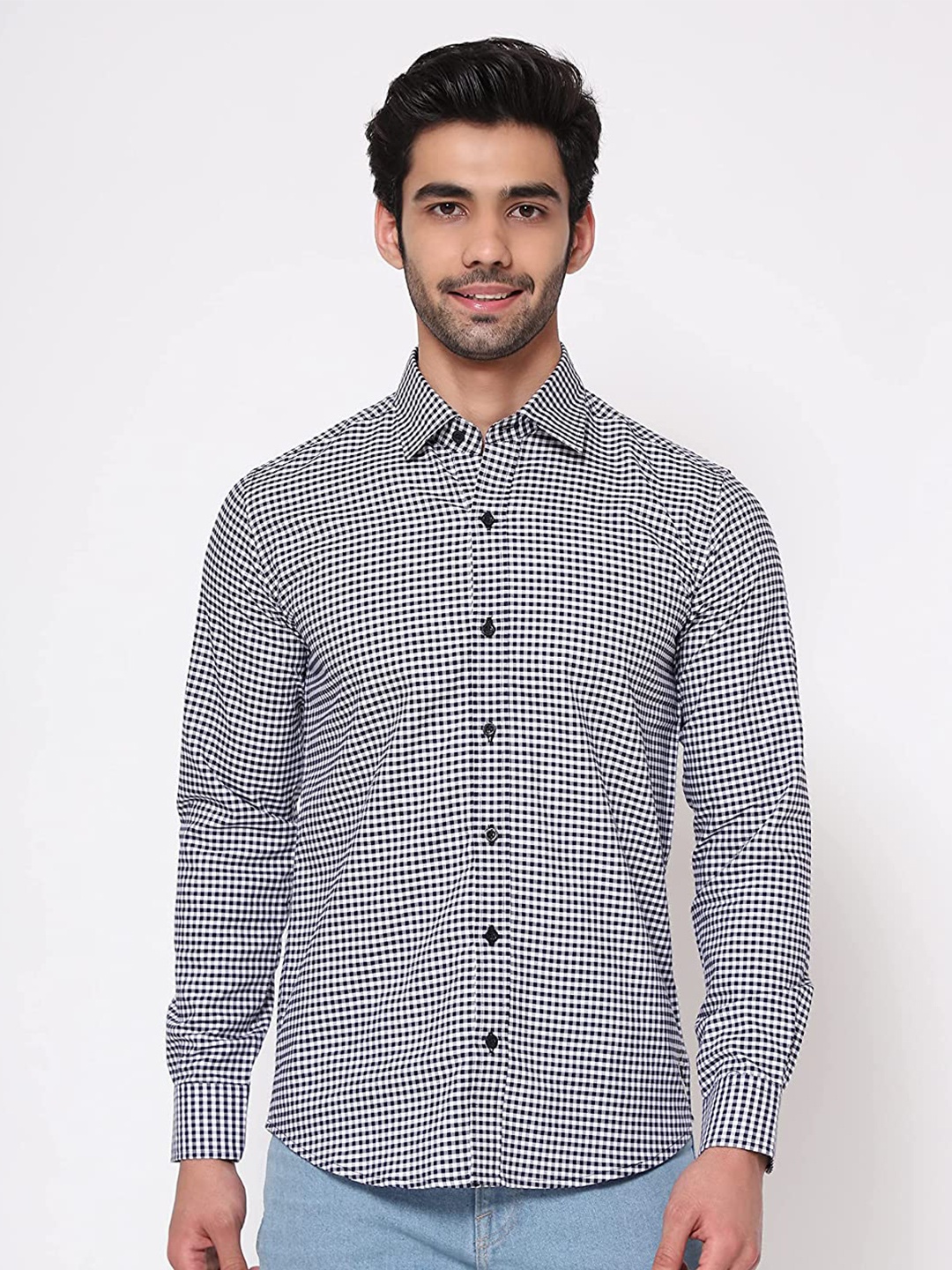 

SHIRT THEORY Men Micro Checks Casual Cotton Shirt, Navy blue