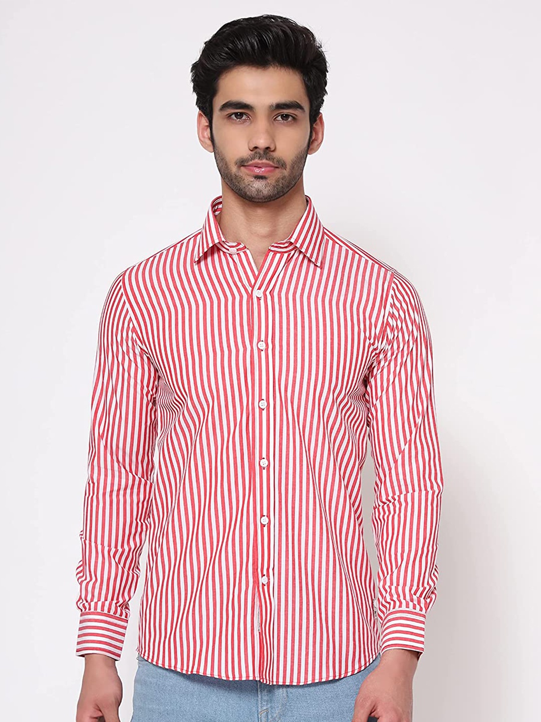 

SHIRT THEORY Men Striped Casual Cotton Shirt, Red