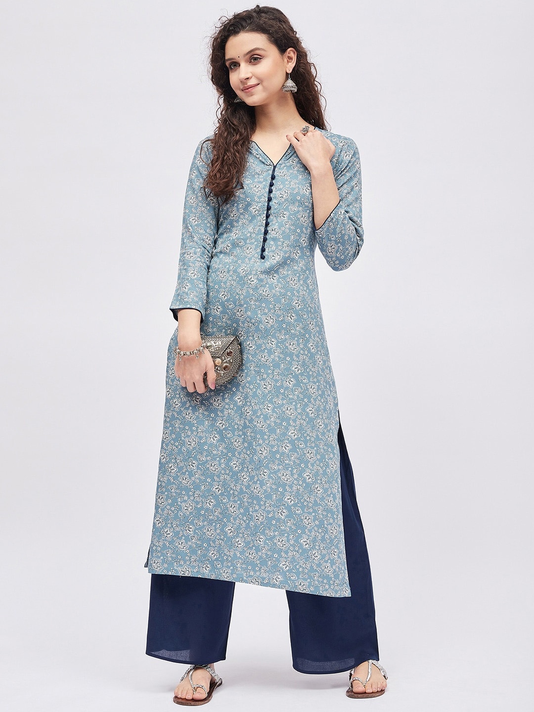 

Tissu Women Floral Printed Kurta With Palazzos, Blue