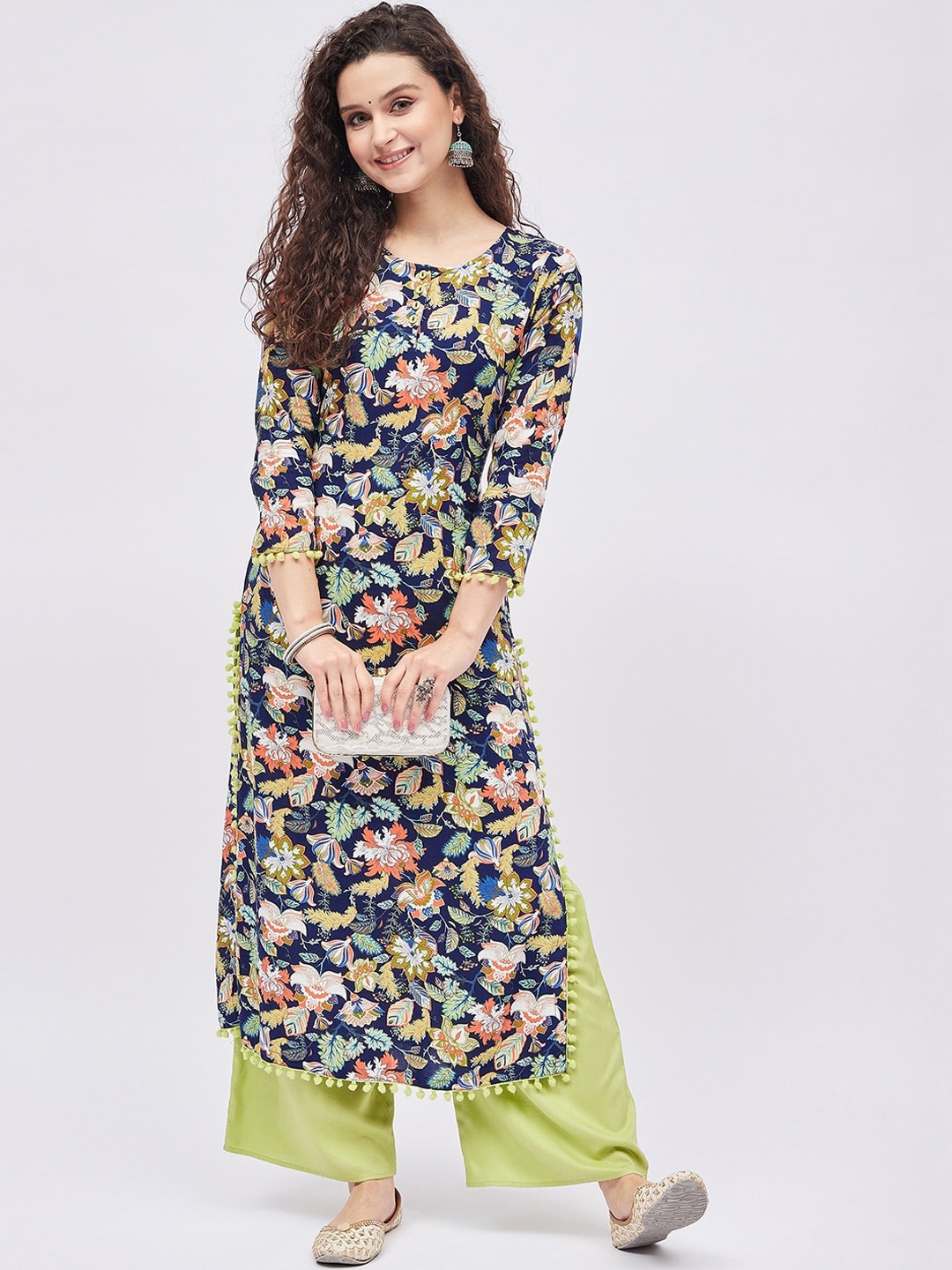 

Tissu Women Floral Printed Kurta With Palazzos, Navy blue