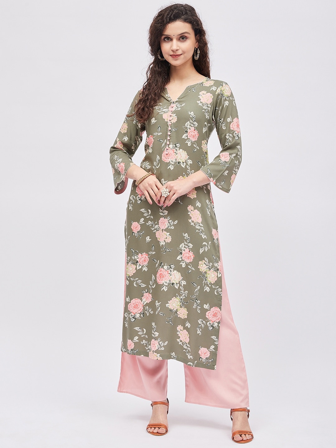 

Tissu Women Floral Printed Kurta with Palazzos, Green