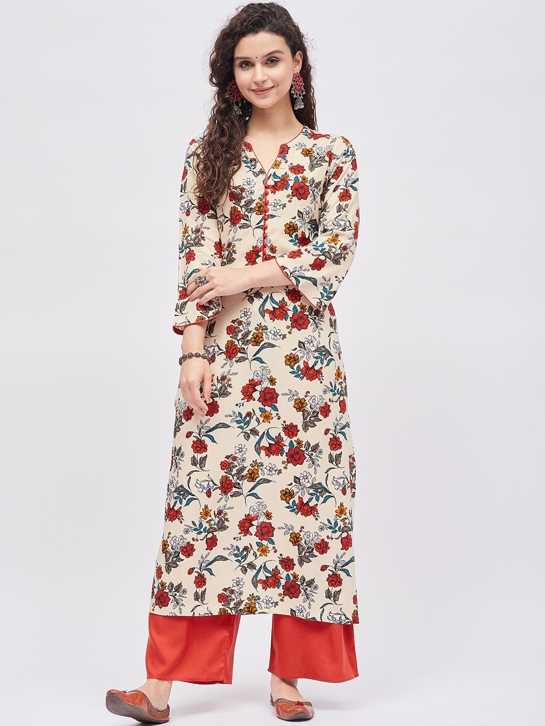 

Tissu Women Floral Printed Kurta with Palazzos, Cream