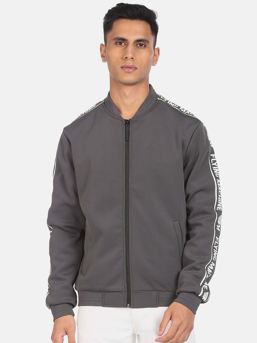 

Flying Machine Men Long Sleeves Bomber Jacket, Grey