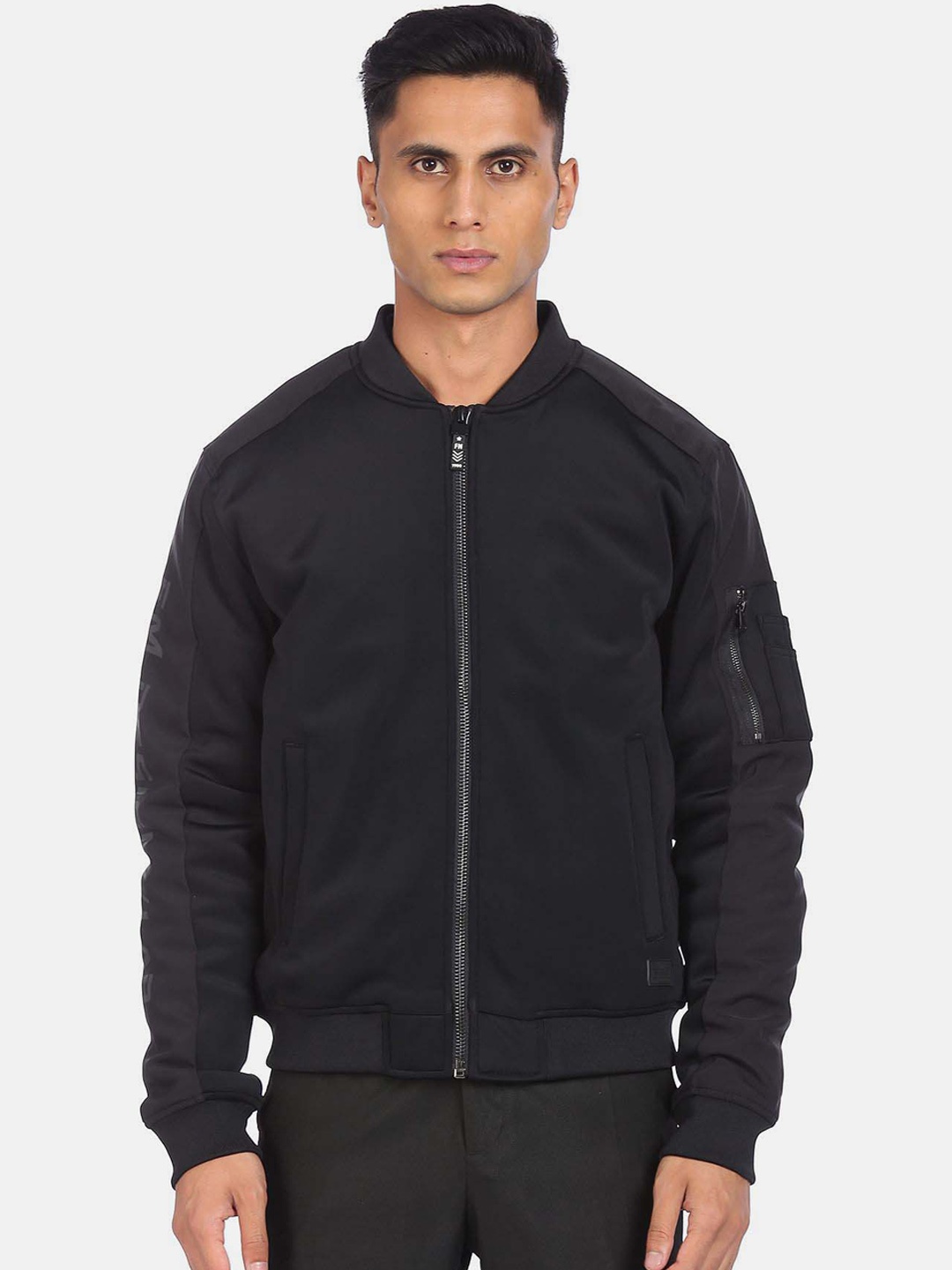 

Flying Machine Men Mock Collar Bomber Jacket, Black
