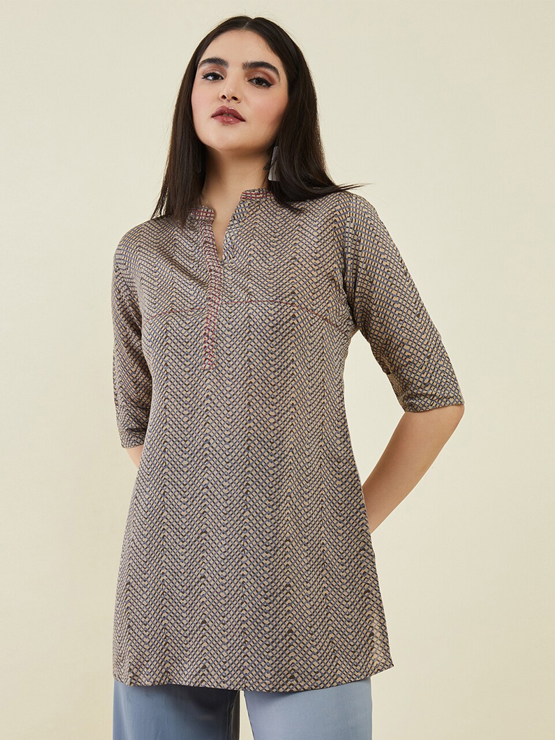 

Soch Printed Band Collar Cotton Tunic, Beige