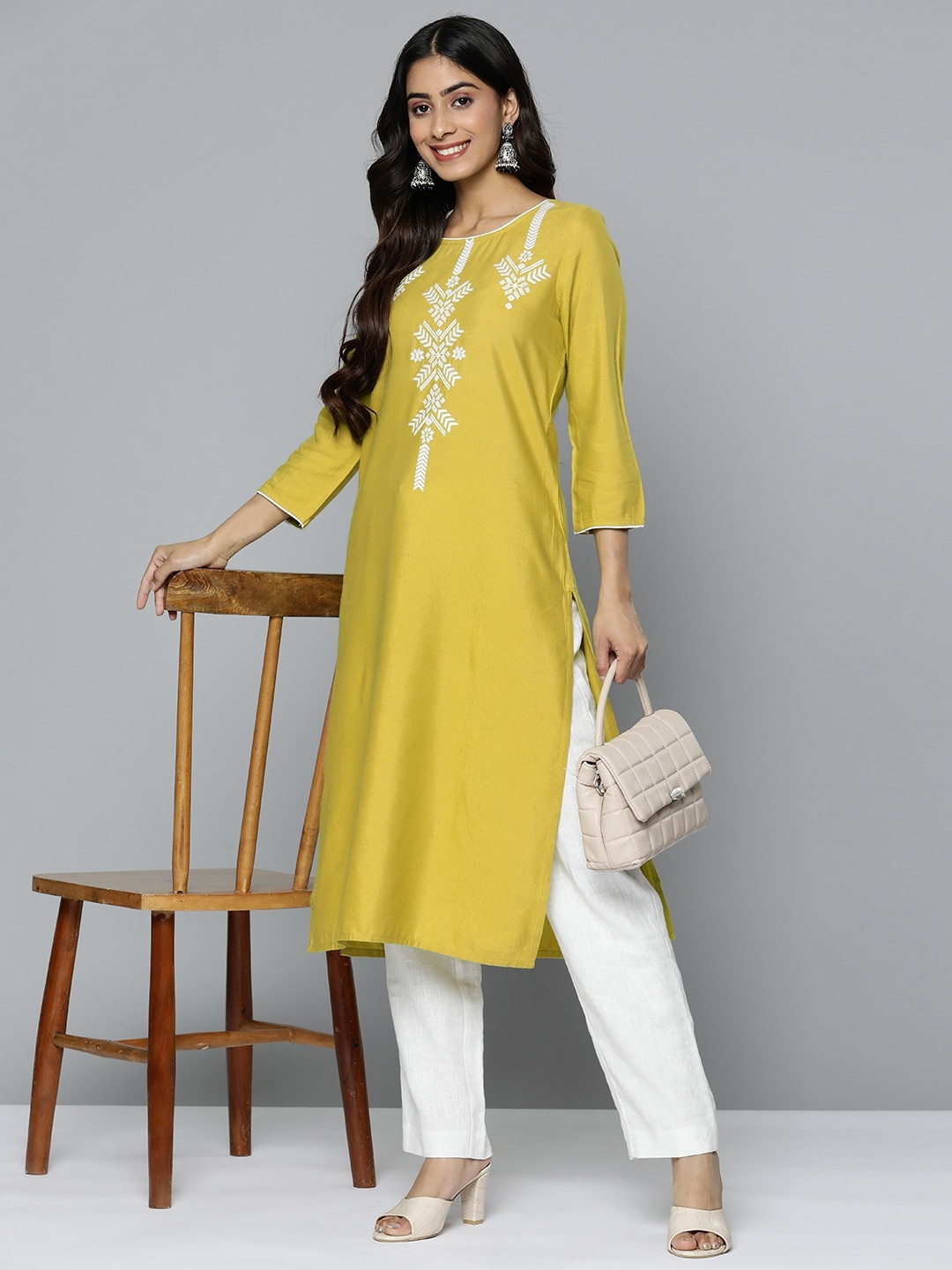

HERE&NOW Women Cotton Linen Ethnic Motifs Embroidered Yoke Design Kurta, Lime green