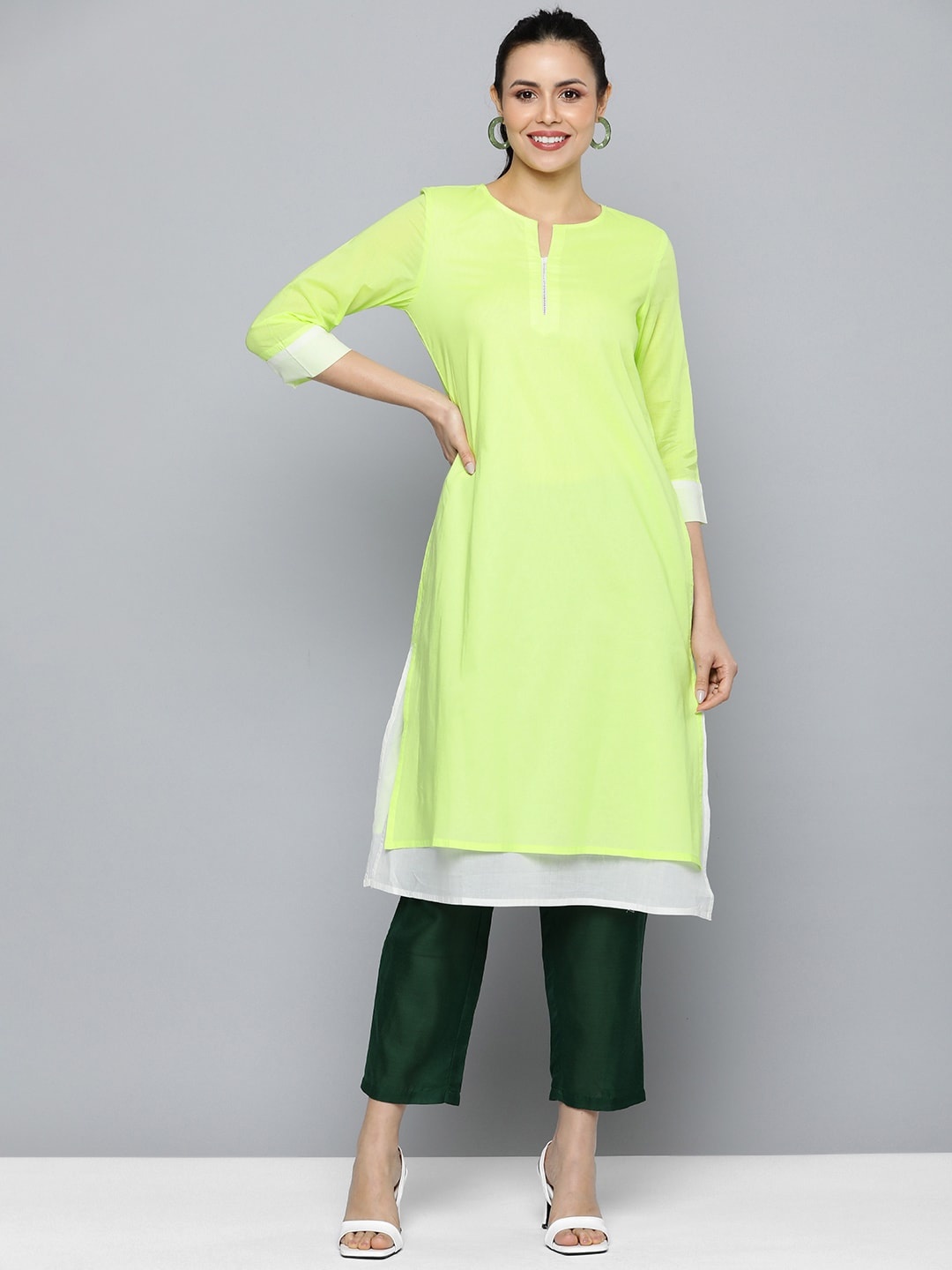 

HERE&NOW Women Pure Cotton Solid Straight Kurta, Lime green