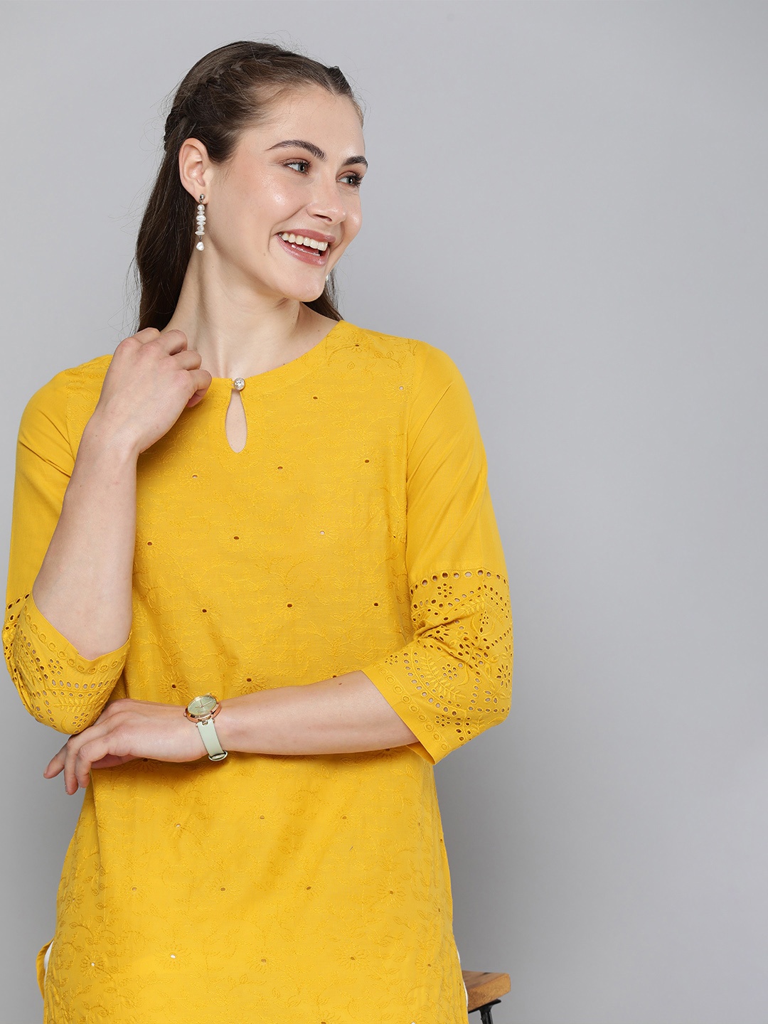 

HERE&NOW Pure Cotton Embroidered Keyhole Neck Thread Work Floral Kurta, Yellow