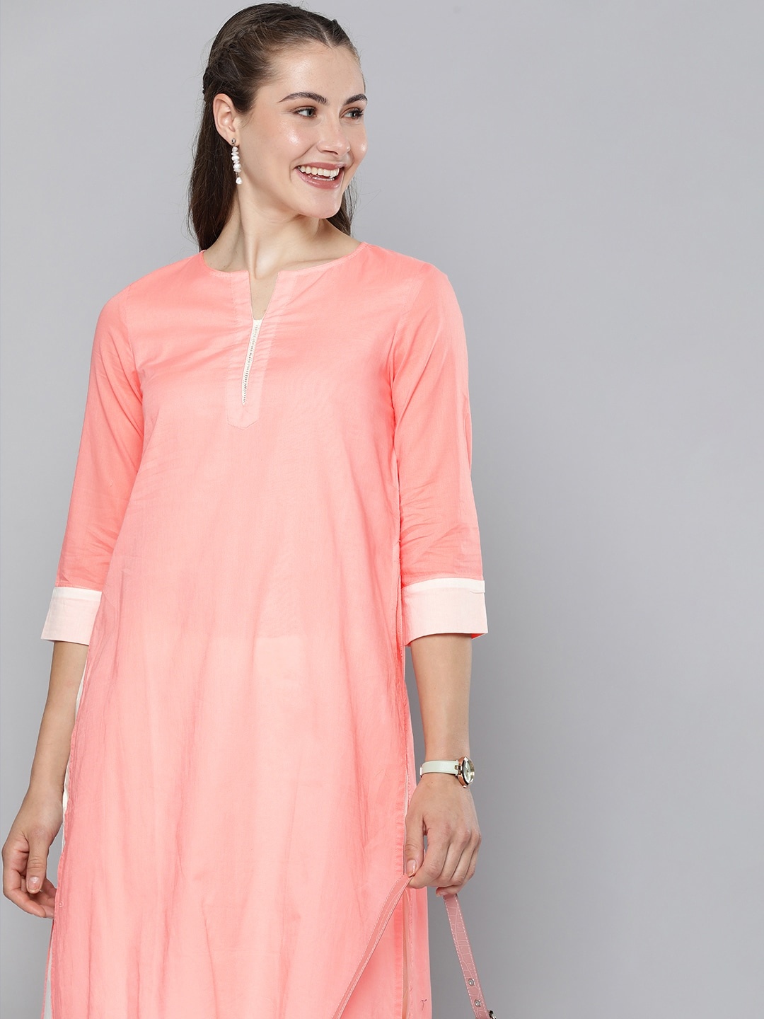 

HERE&NOW Pure Cotton Layered Kurta, Pink